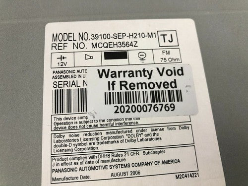 2007- 08 ACURA TL Radio Stereo 6 Disc Changer CD Tape Player 39100-SEP