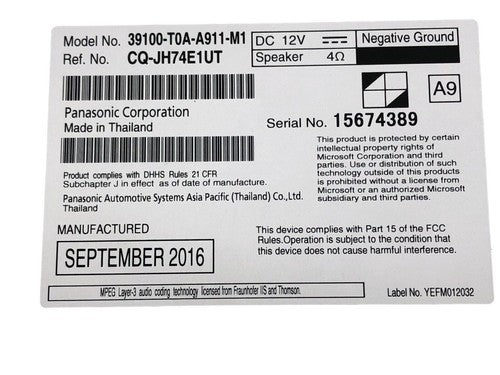 2015-2016 Honda Civic AM FM CD Radio Receiver 39100-T0A-A911-M1 OEM LK