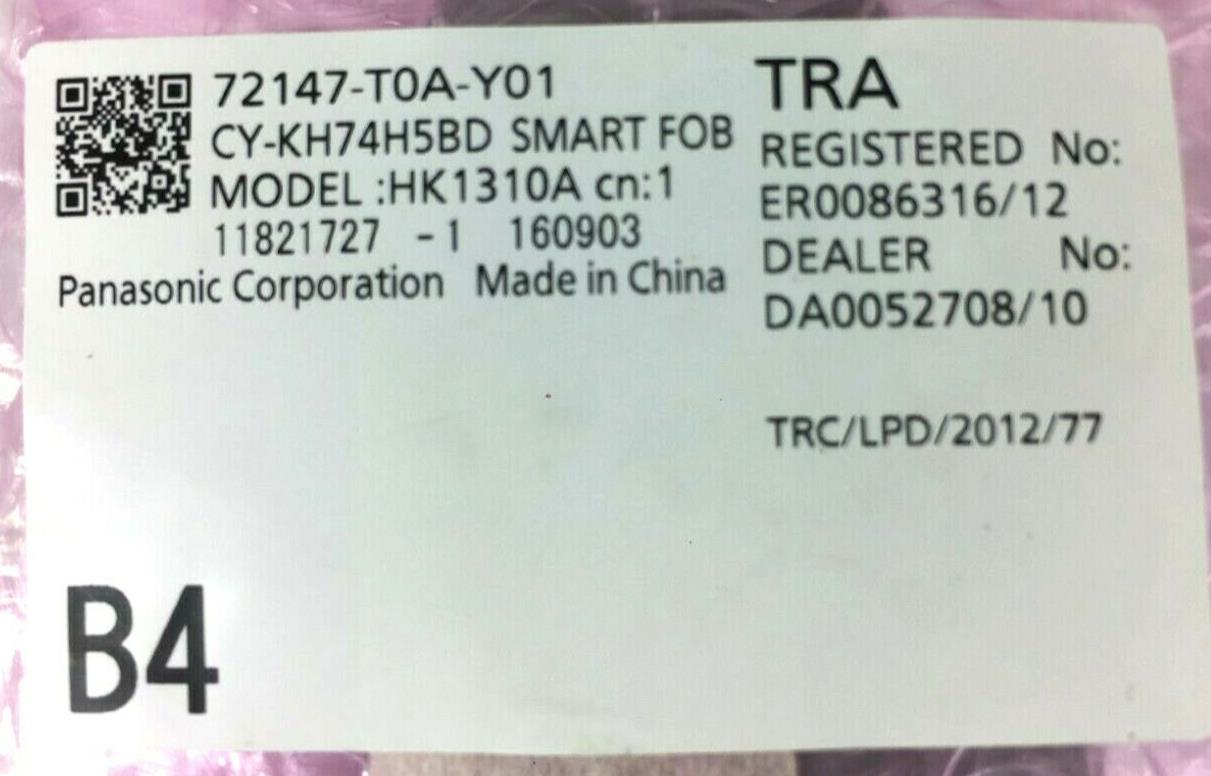 Honda CR-V Smart Key fob Europe 433.92Mhz HK1310A 72147-T0A-Y01