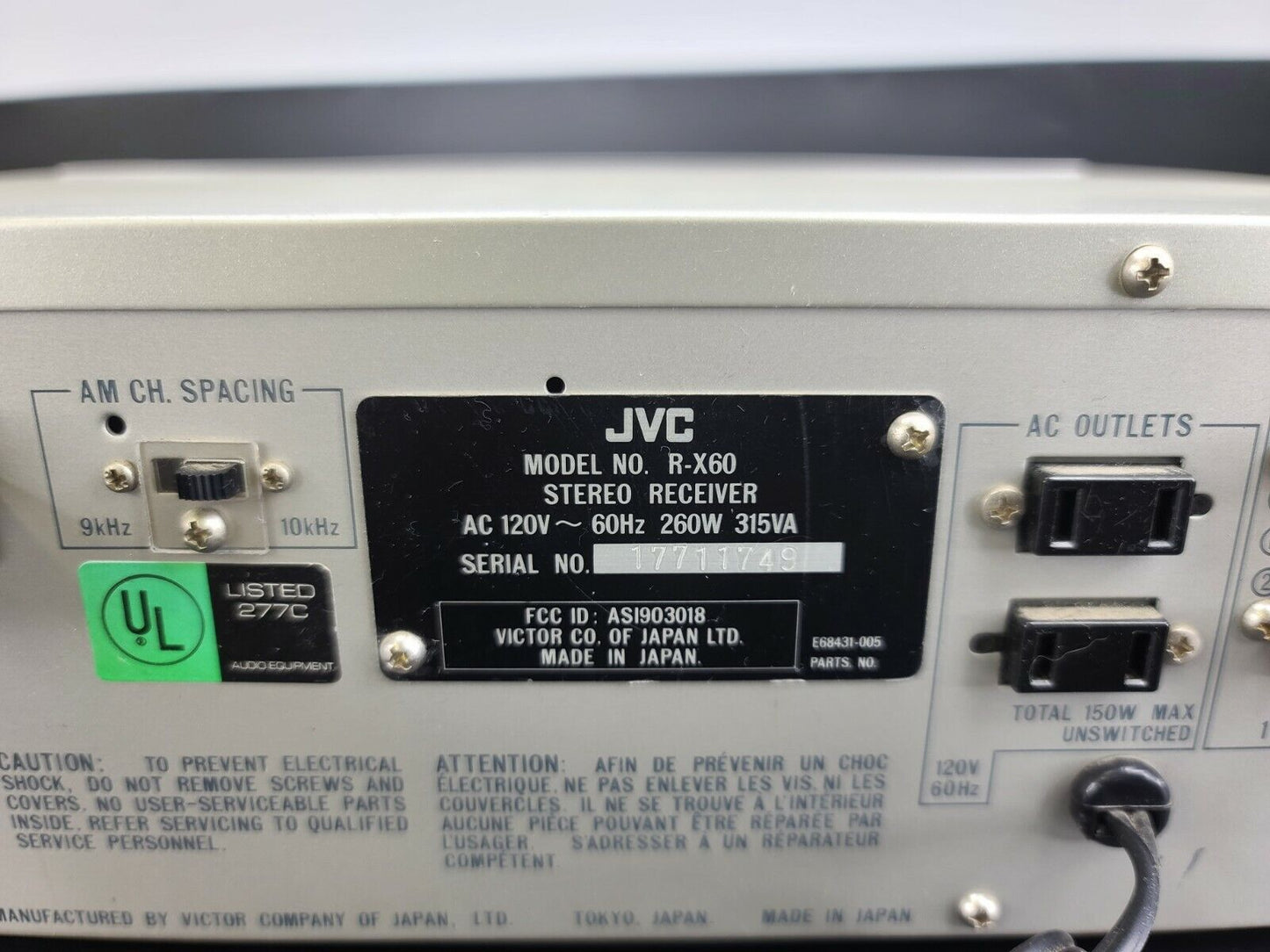 JVC R-X60 AM/FM Stereo Receiver -For parts