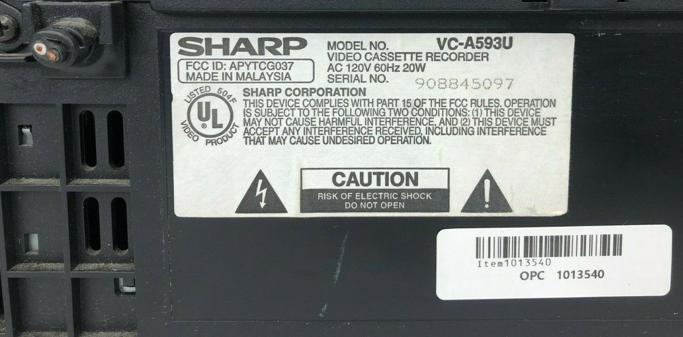 SHARP VC-A593U 4-Head  Rapid Rewind Video Cassette Recorder VHS Player