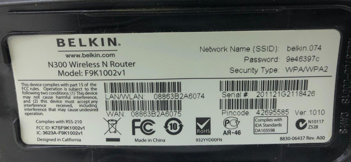 Belkin N300 300 Mbps 4-Port 10/100 Wireless N Router F9K1002v1