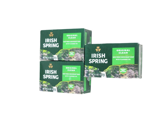 SET OF 3 IRISH SPRING ORIGINAL CLEAN 12 hr. DEODORANT SOAP W/FLAXSEED OIL 4.5 oz