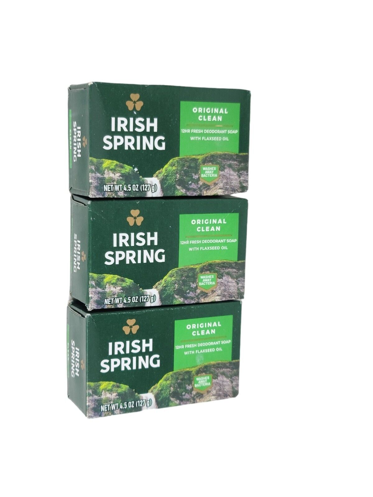 SET OF 3 IRISH SPRING ORIGINAL CLEAN 12 hr. DEODORANT SOAP W/FLAXSEED OIL 4.5 oz