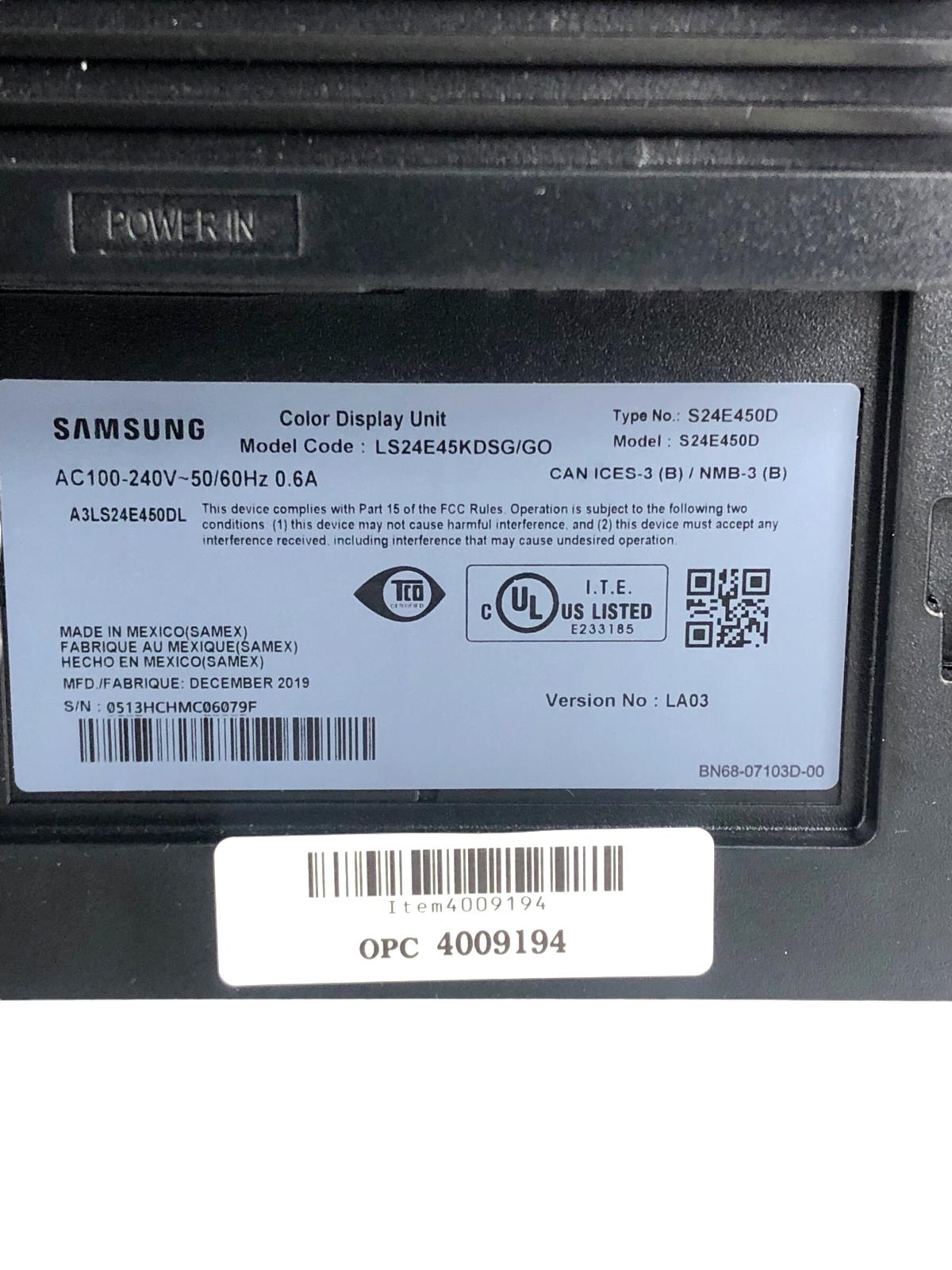 Samsung S24E450D 24-inch FHD LED LCD Monitor - For Parts