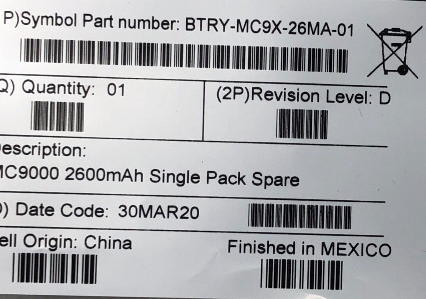 Symbol Battery BTRY-MC9X-26MA-01 MC9000 2600mAh Single Pack Spare