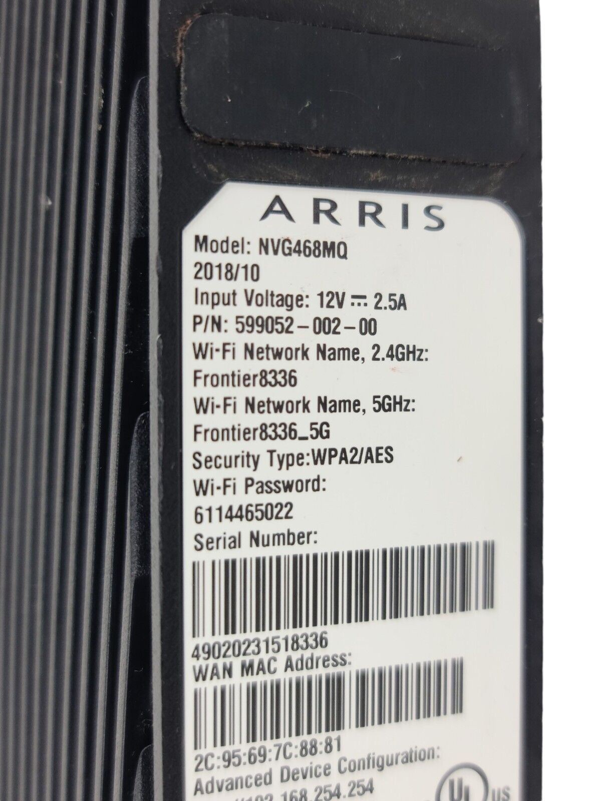 Arris Frontier Ethernet Gateway Wi-Fi Modem Router NVG468MQ