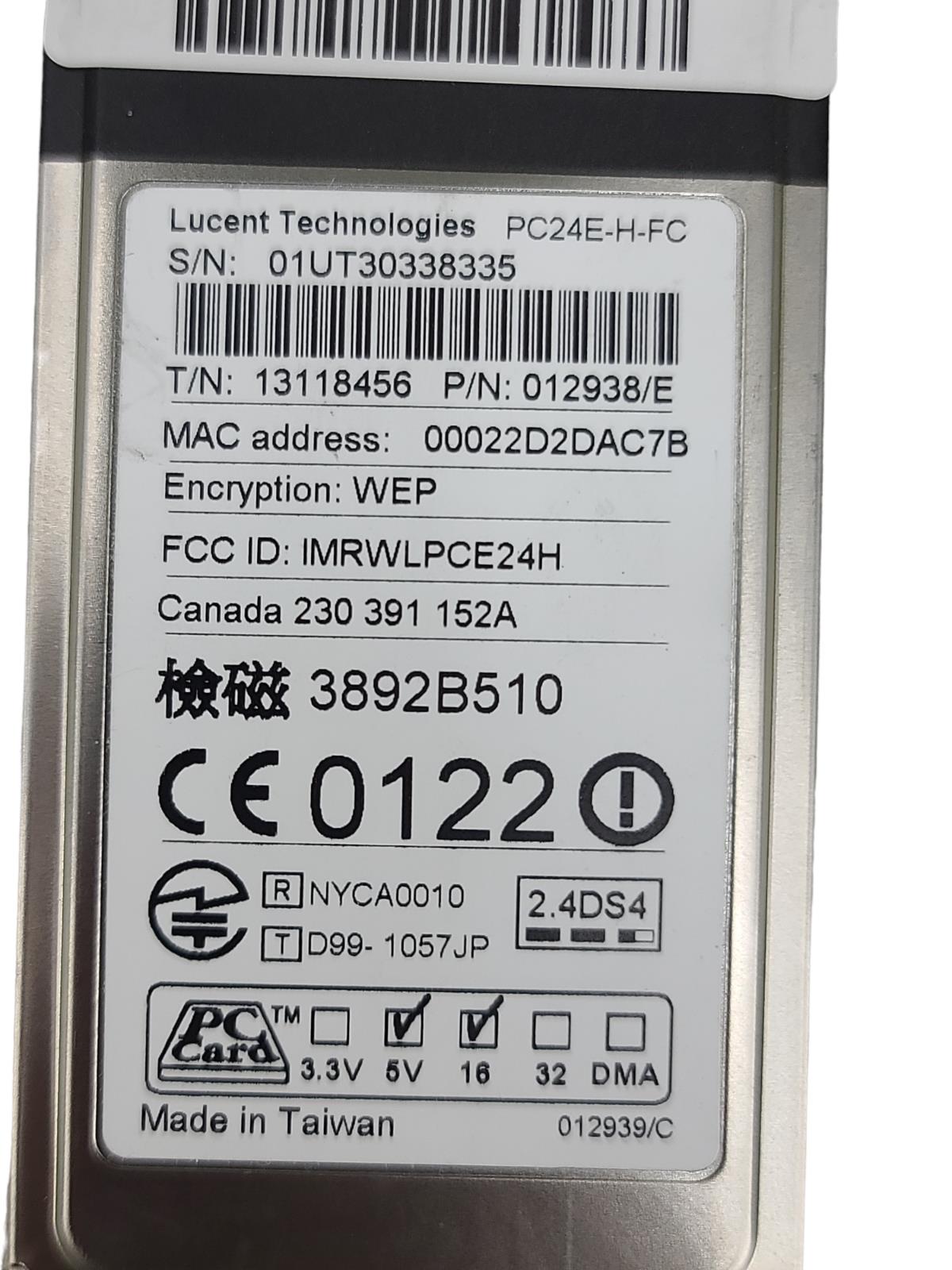 Lucent Orinoco Silver PC24E-H-FC PCMCIA 802.11b Wireless Card