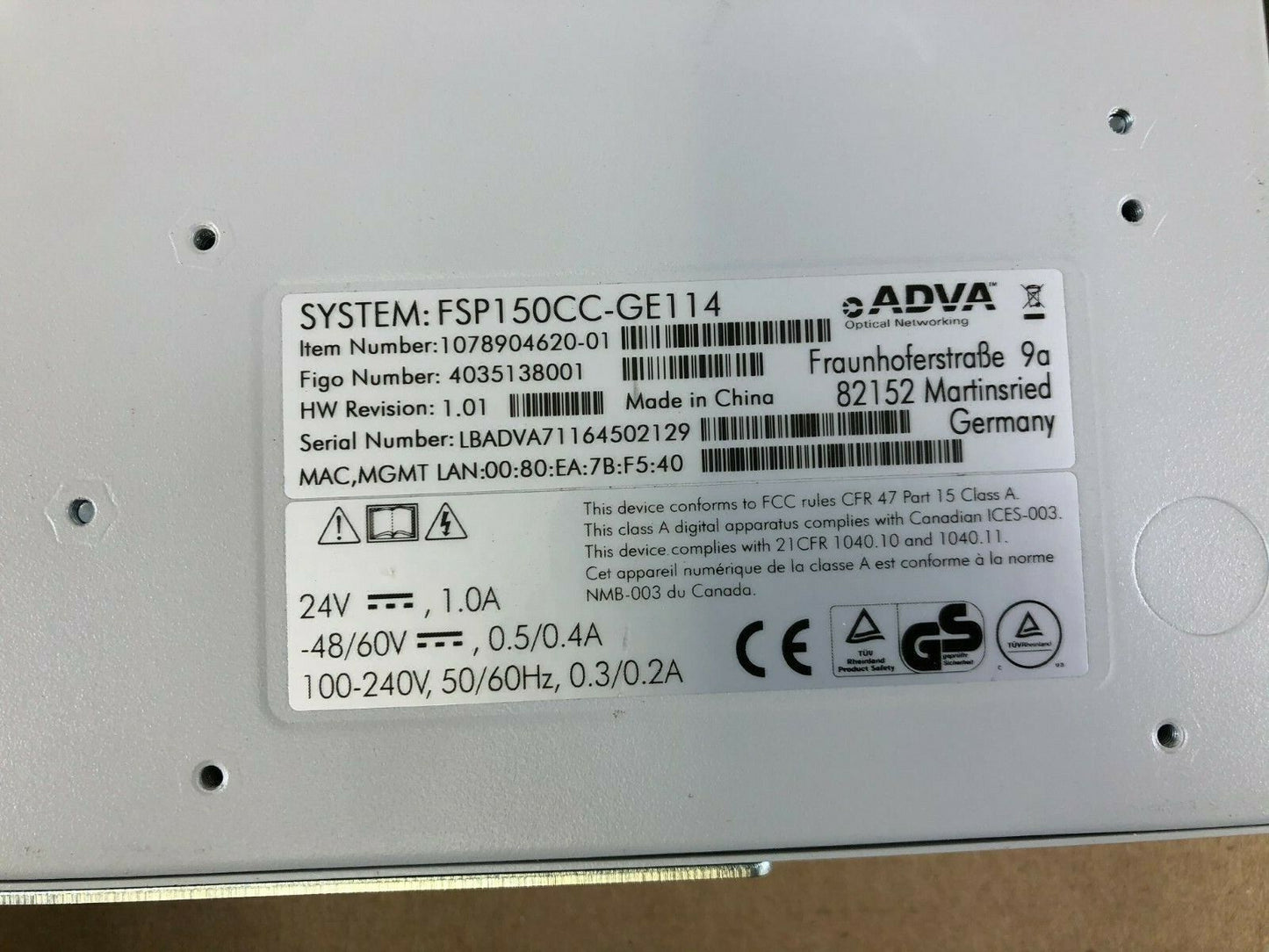 ADVA FSP150CC Optical Network Carrier Ethernet Switch 1078904620-01 AS IS