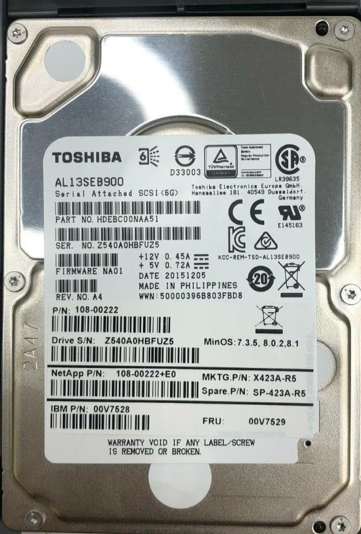 TOSHIBA/NetApp 900GB 10K 2.5" SAS AL13SEB900 W/ TRAY HDEBC00NAA51