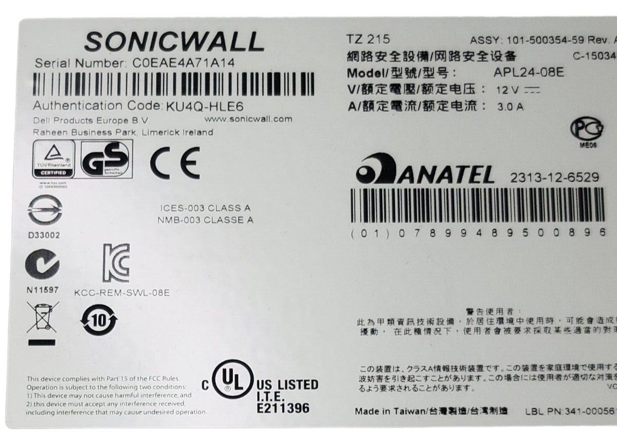 Sonicwall TZ 215 Network Security Appliance Firewall APL24-08E