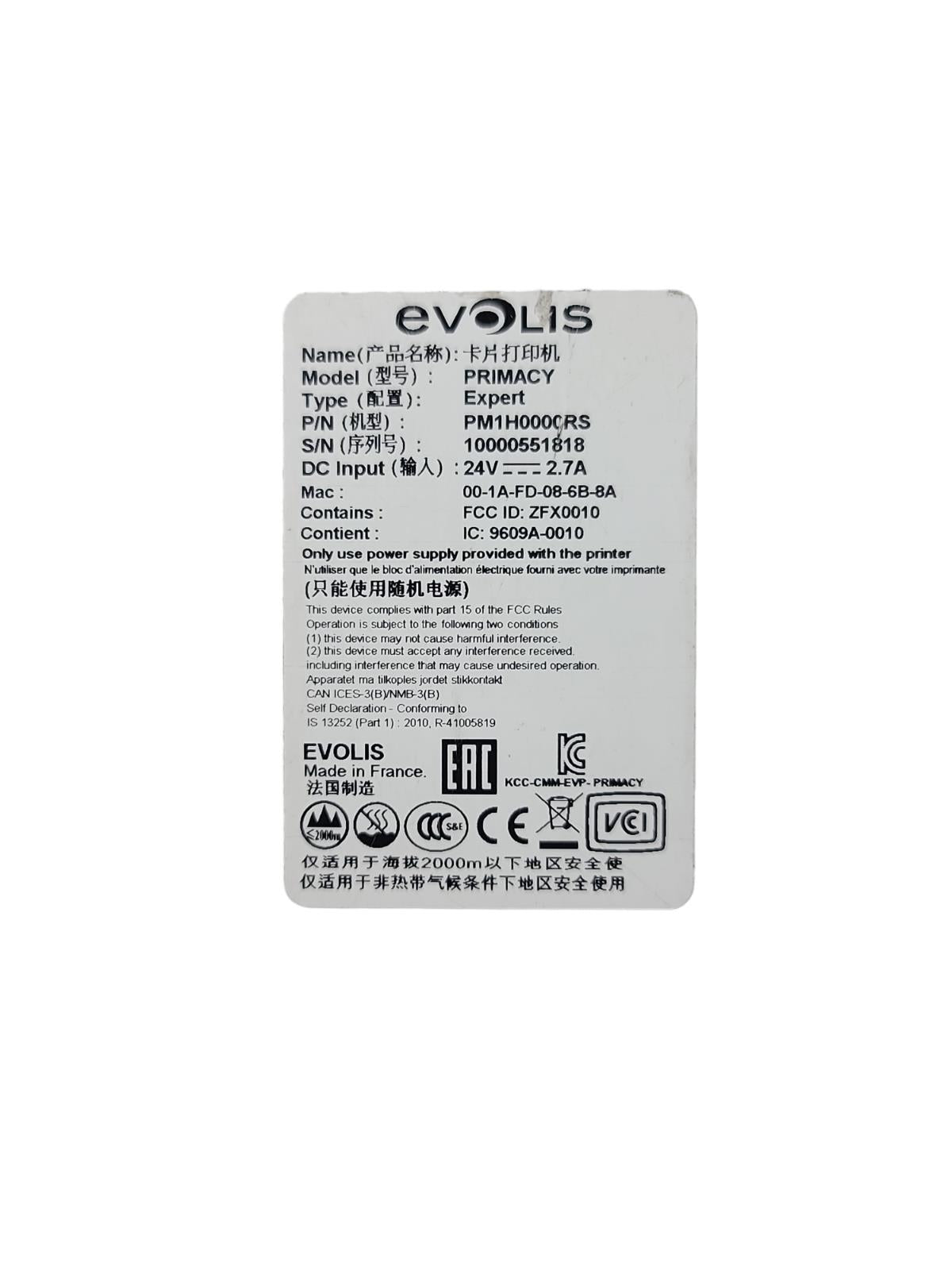 Evolis Primacy PM1H0000RS Expert ID Card Printer