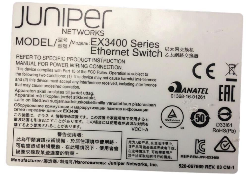 Juniper Networks EC3400 Series EX3400-24P 24-Port EX3400 PoE+ Ethernet Switch