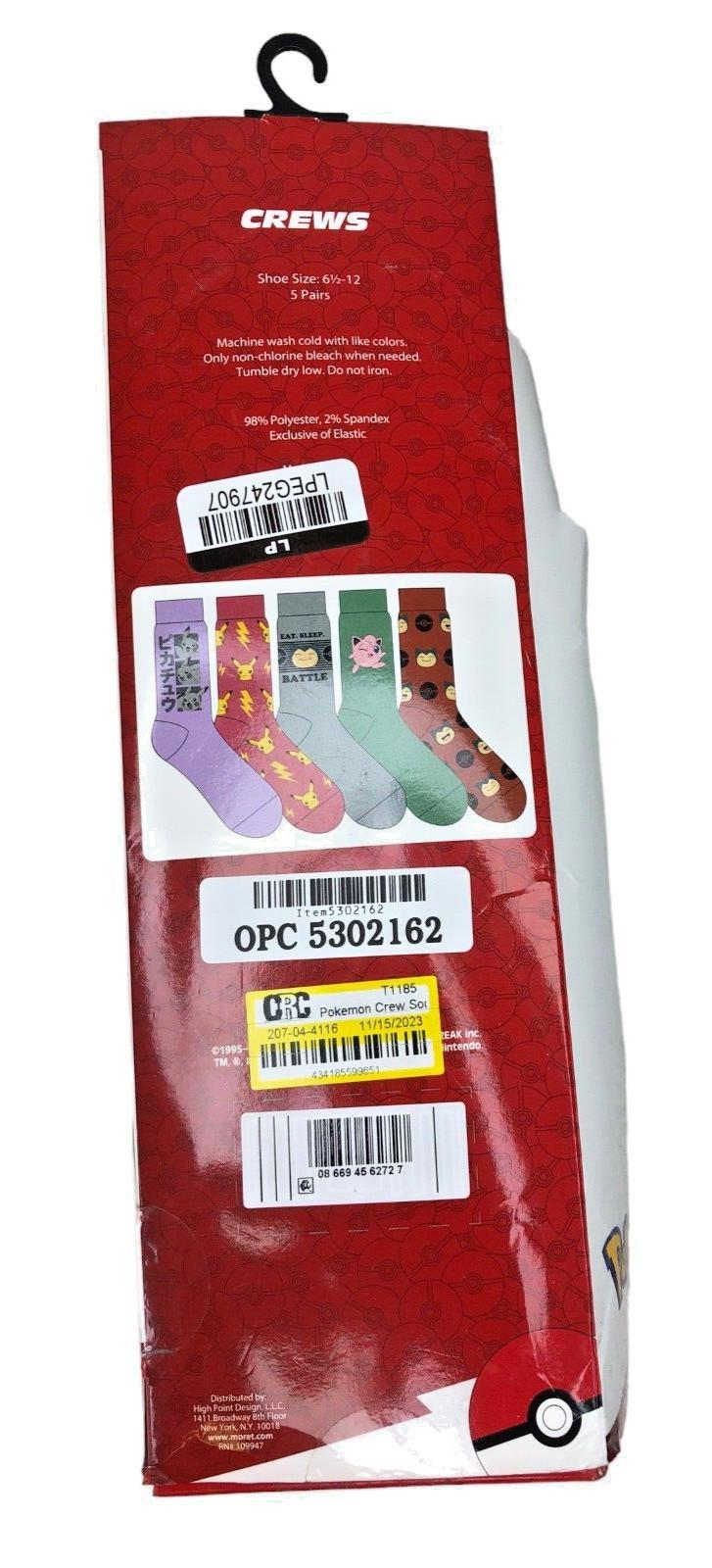 Pokemon Characters All Over Print Crew Sock Bundle 3-Pack, Size 6.5-12, New